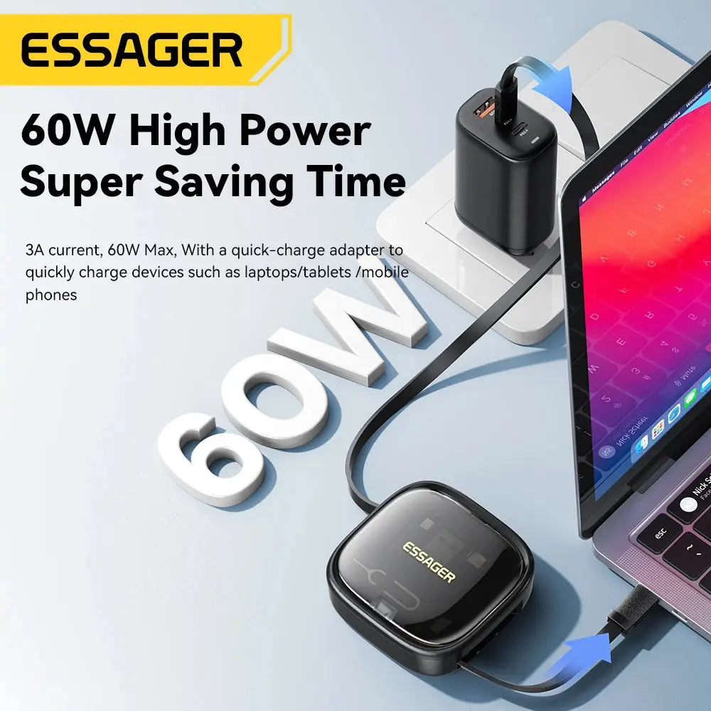 Essager USB C To Tpye C Cable PD 60W for Xiaomi Poco Fast Charging Data Travel Multi Functional Cord With Holder Storage Box Tarot Yeah