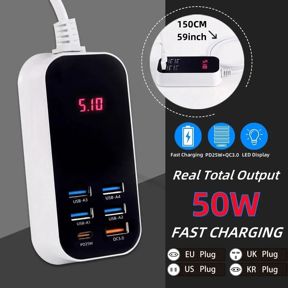 Real 50W 6-Ports USB Quick Charger PD QC 3.0 Fast Charging Display Type-C EU UK US 1.5M Desktop Power Adapter For Iphone Samsung Tarot Yeah