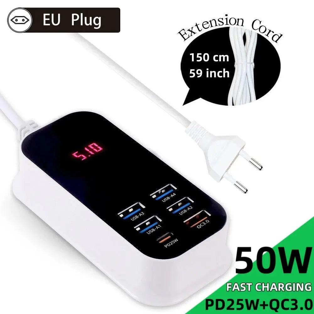 Real 50W 6-Ports USB Quick Charger PD QC 3.0 Fast Charging Display Type-C EU UK US 1.5M Desktop Power Adapter For Iphone Samsung Tarot Yeah