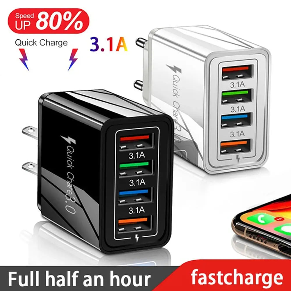 4 Ports 3.1A USB Wall Charger Quick Charge QC 3.0 Phone Adapter For iPhone 14 15 Pro Huawei Samsung Multiple USB Fast Charger Tarot Yeah
