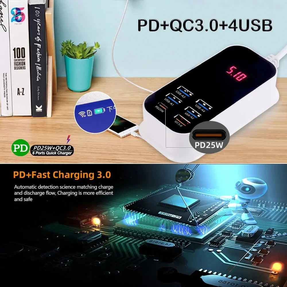 Real 50W 6-Ports USB Quick Charger PD QC 3.0 Fast Charging Display Type-C EU UK US 1.5M Desktop Power Adapter For Iphone Samsung Tarot Yeah