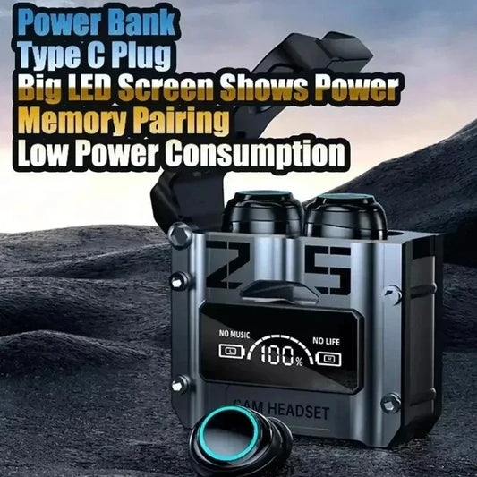 Bluetooth earbuds/Power bank with LED screen and Type C plug on a mountainous background
