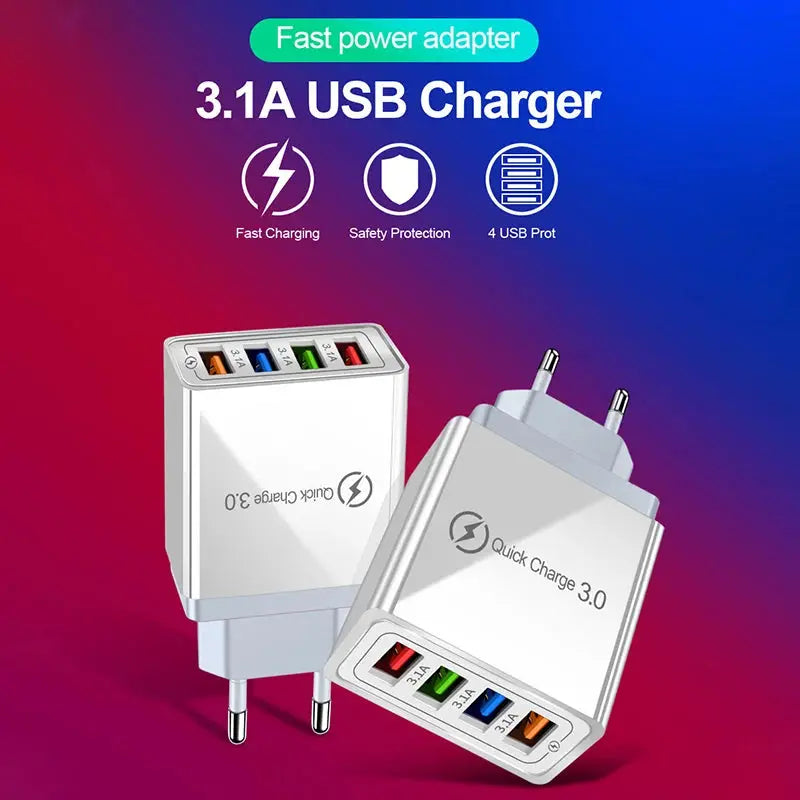 4 Ports 3.1A USB Wall Charger Quick Charge QC 3.0 Phone Adapter For iPhone 14 15 Pro Huawei Samsung Multiple USB Fast Charger Tarot Yeah