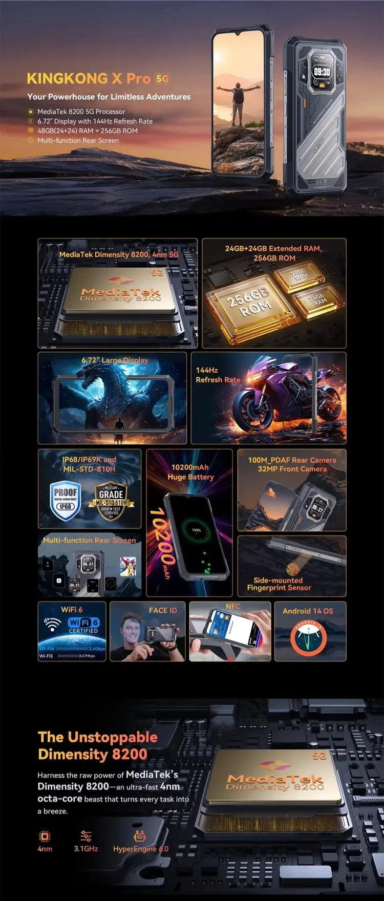 [World Premiere] CUBOT KINGKONG X PRO, Rugged Smartphone 5G, Dimensity 8200, 4nm, 3.1GHz, 144Hz 6.72" Screen, 10200mAh, 24+256GB Tarot Yeah