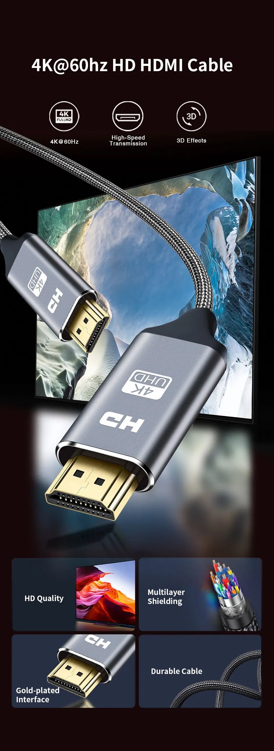 NIERBO HDMI Cable 2.0 4K Cable for PS4 PS3 Xbox Fire TV Stick Blue Ray Player HDR High Speed Ethernet 4K 60Hz Male 3FT 6FT 10FT