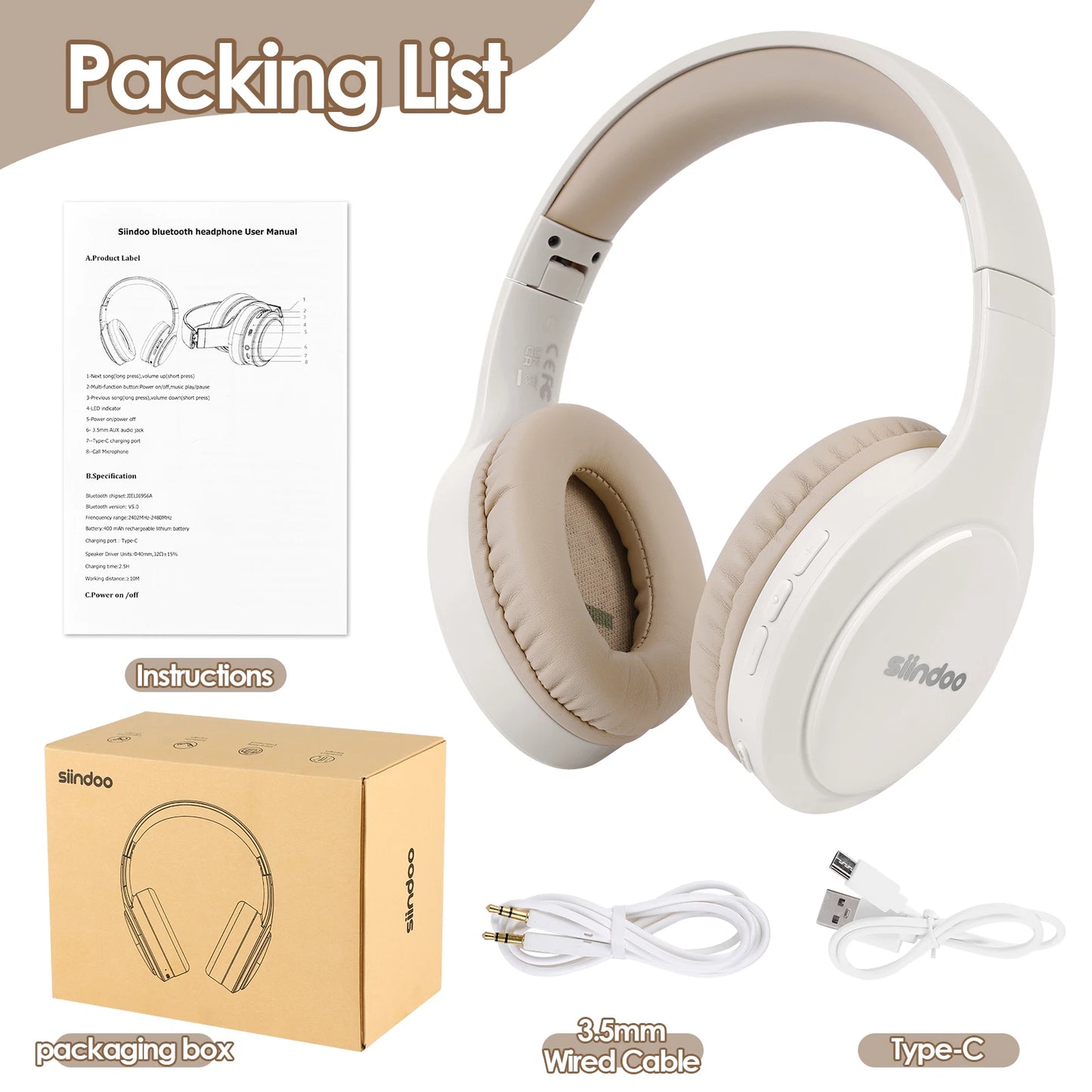 Siindoo JH-919 Foldable Wireless Headphones, Bluetooth Stereo Earphones Super Bass With Mic 4colors For Iphone Laptop PC