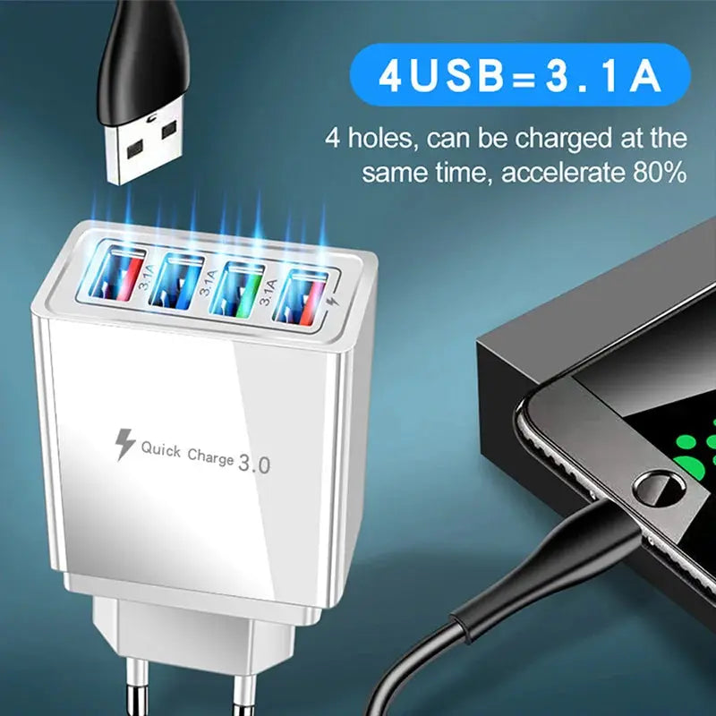 4 Ports 3.1A USB Wall Charger Quick Charge QC 3.0 Phone Adapter For iPhone 14 15 Pro Huawei Samsung Multiple USB Fast Charger Tarot Yeah