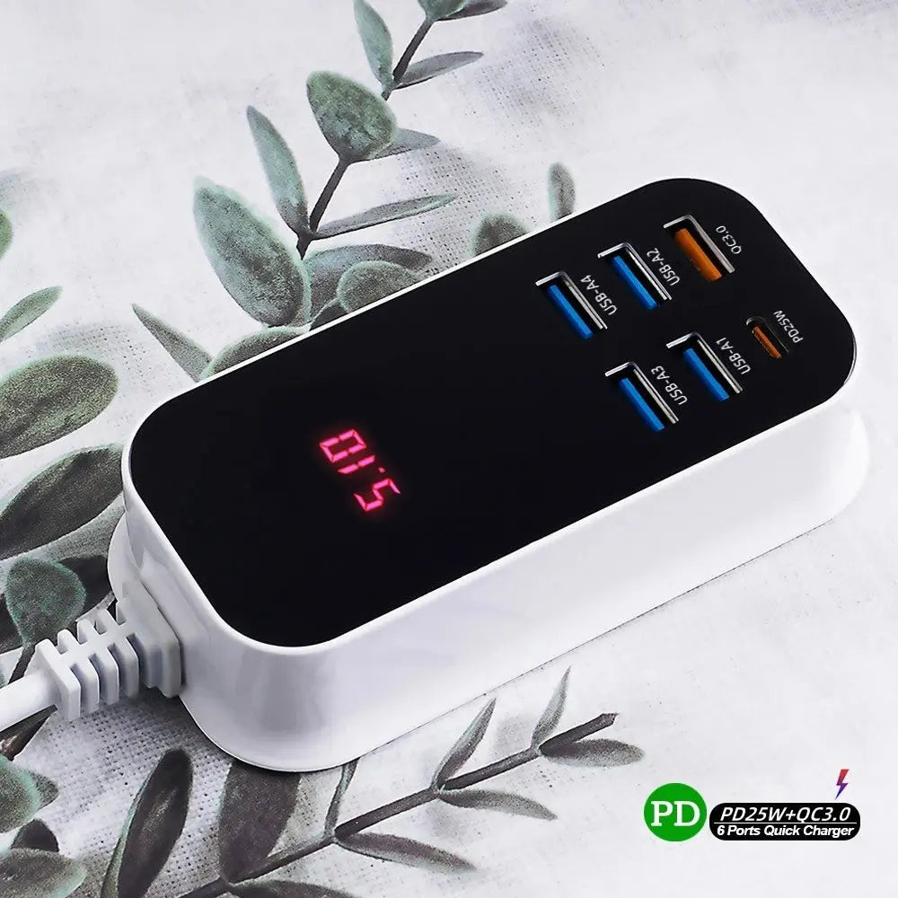 Real 50W 6-Ports USB Quick Charger PD QC 3.0 Fast Charging Display Type-C EU UK US 1.5M Desktop Power Adapter For Iphone Samsung Tarot Yeah