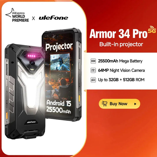 【NEW】Ulefone AI Smartphone Armor 34 Pro 5G 25500mAh  Built-in Projector 512GB ROM   120Hz 6.95" NFC Smartphone Mobile Phone Tarot Yeah