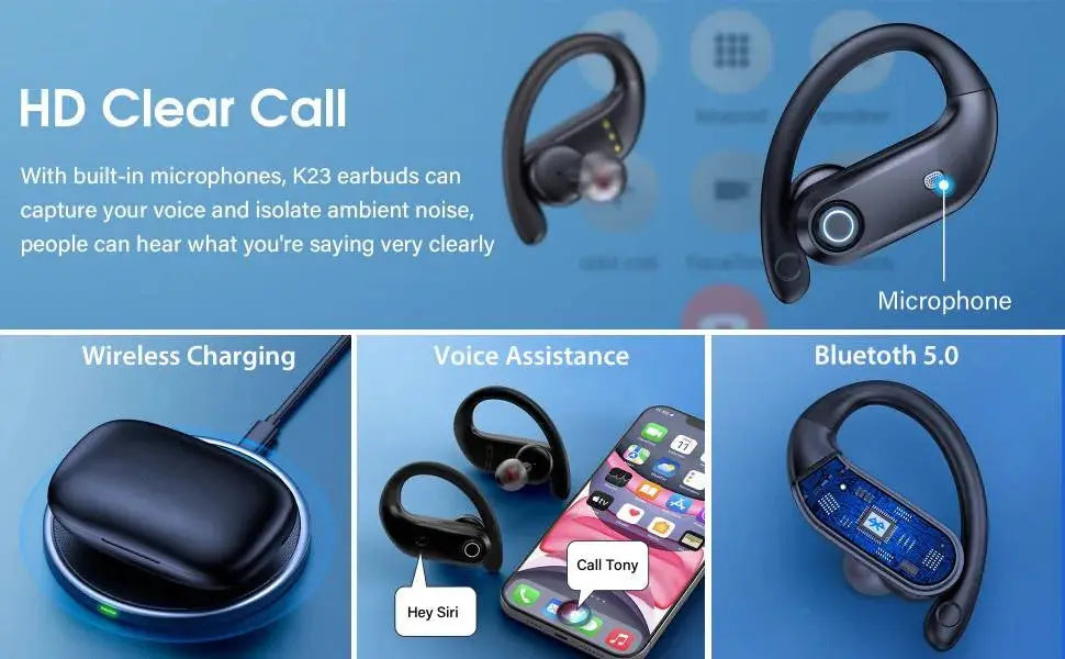 Bluetooth Earphones Wireless Earbuds with Wireless Charging Case  Stereo Sound Headphones Built-in Mic in-Ear Headsets Deep Bass.