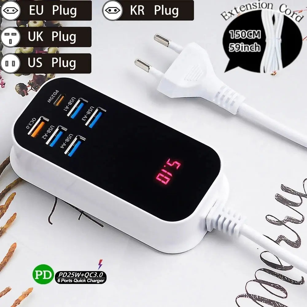 Real 50W 6-Ports USB Quick Charger PD QC 3.0 Fast Charging Display Type-C EU UK US 1.5M Desktop Power Adapter For Iphone Samsung Tarot Yeah