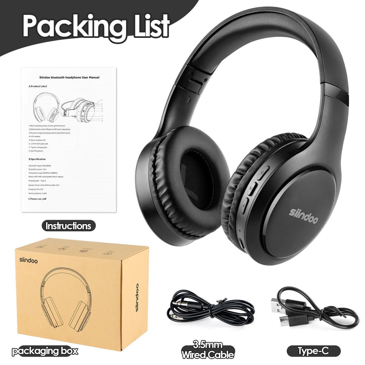 Siindoo JH-919 Foldable Wireless Headphones, Bluetooth Stereo Earphones Super Bass With Mic 4colors For Iphone Laptop PC