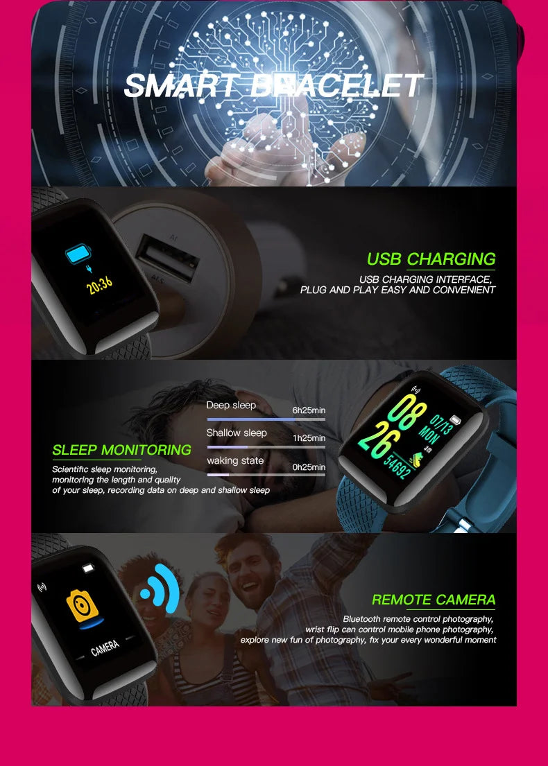 Smart Fitness Tracker Bracelet with Color Screen Health Reminders Exercise Step Counting Intelligent Information Notifications