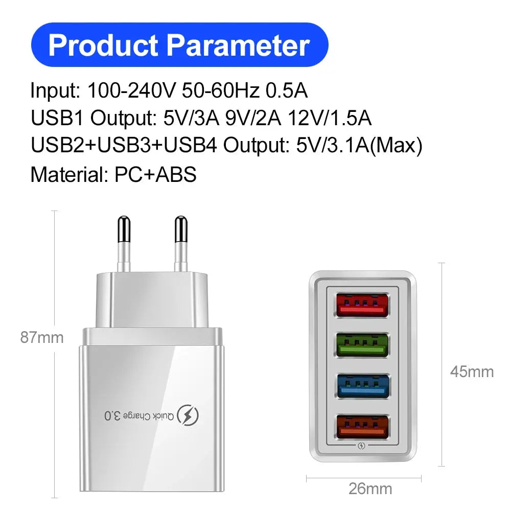 4 Ports 3.1A USB Wall Charger Quick Charge QC 3.0 Phone Adapter For iPhone 14 15 Pro Huawei Samsung Multiple USB Fast Charger Tarot Yeah