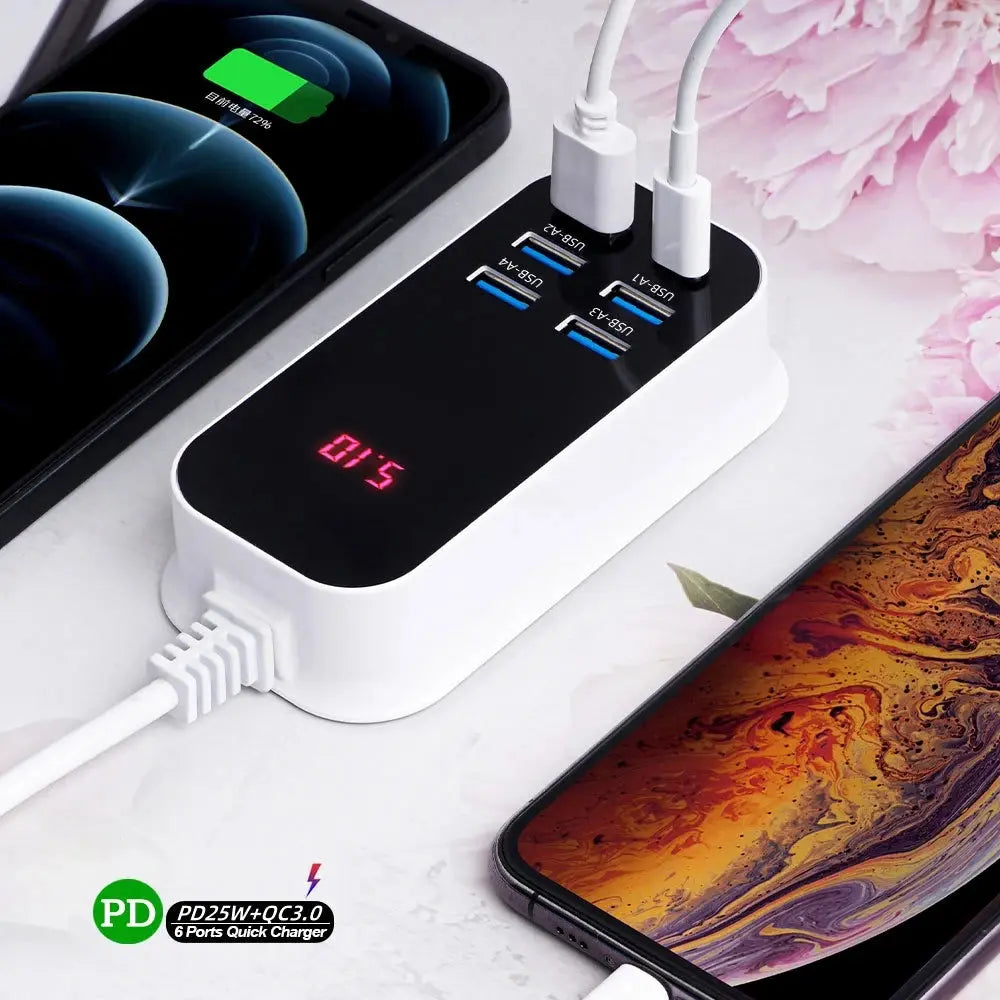 Real 50W 6-Ports USB Quick Charger PD QC 3.0 Fast Charging Display Type-C EU UK US 1.5M Desktop Power Adapter For Iphone Samsung Tarot Yeah