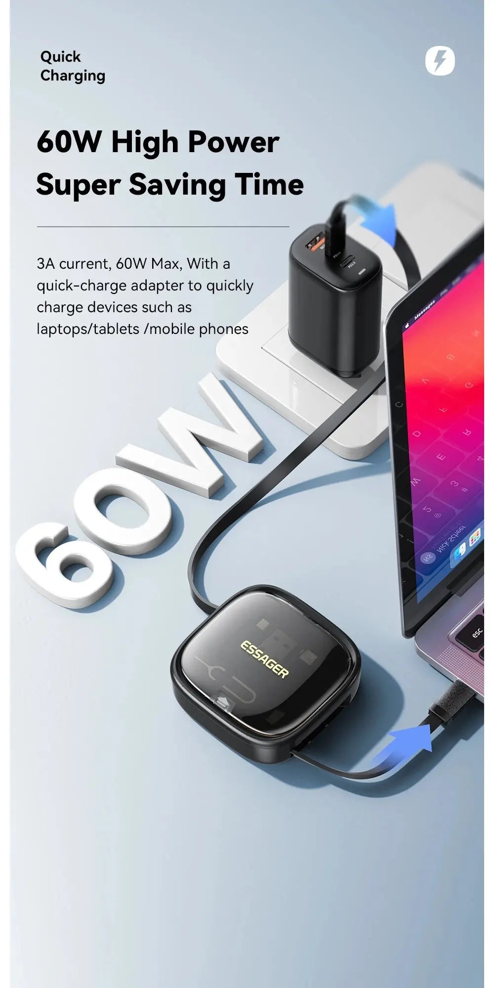 Essager USB C To Tpye C Cable PD 60W for Xiaomi Poco Fast Charging Data Travel Multi Functional Cord With Holder Storage Box Tarot Yeah