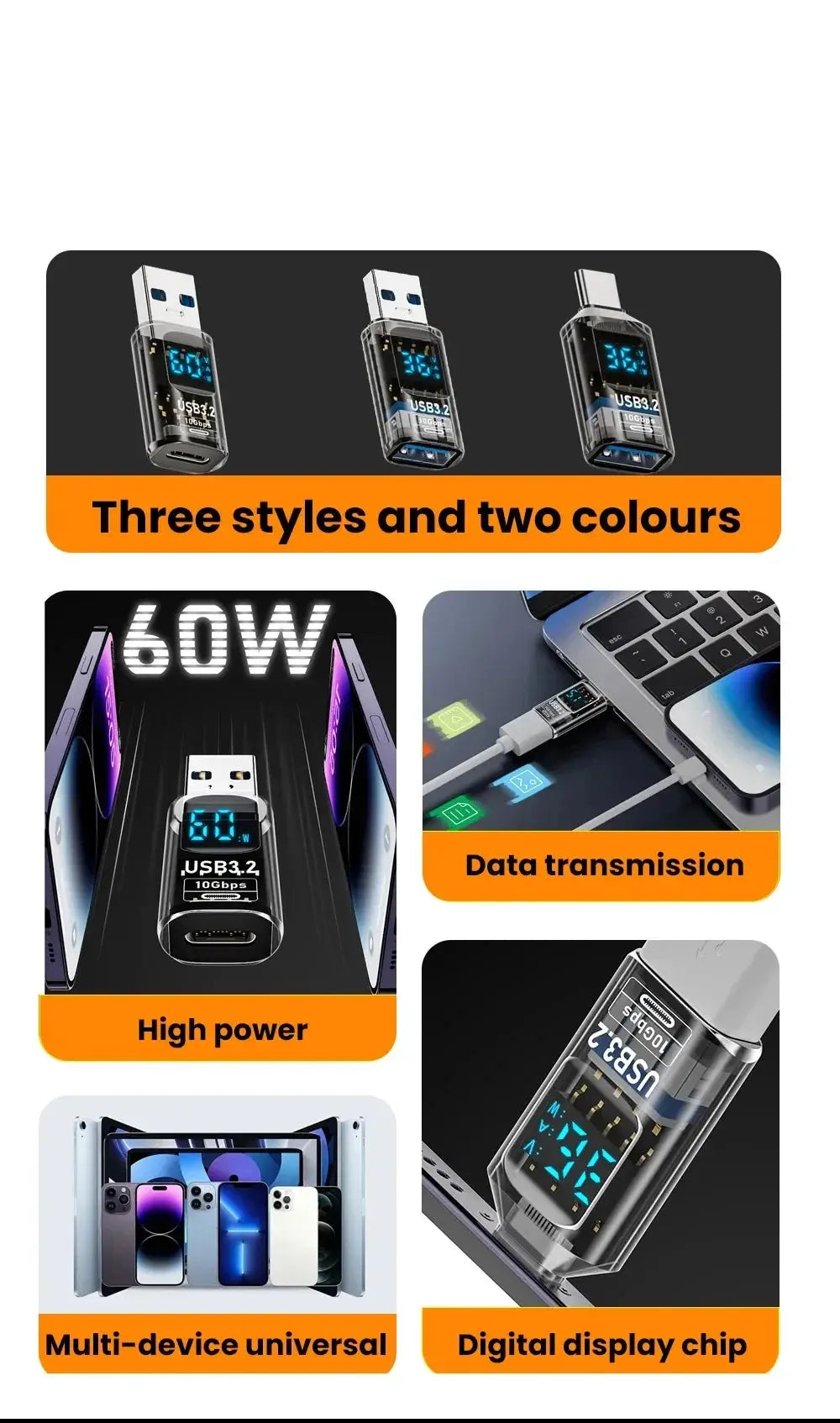 USB3.2 Digital Display Adapter 10Gbps USB Male to USB Female USB C Converter Fast Charging Data Adapter for iPhone16 15 Laptop Tarot Yeah