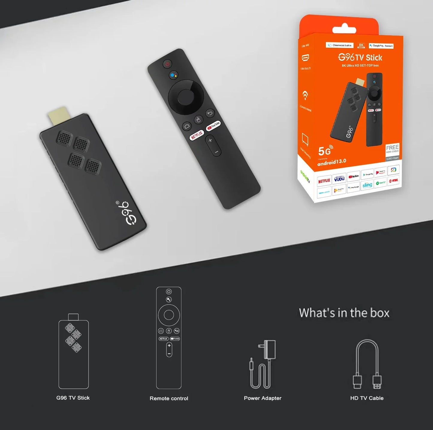 G96 high-performance android 13.0 4k smart TV Stick ATV H313 2GB RAM 16GB ROM Q2 infrared remote control tv stick Dual Wifi
