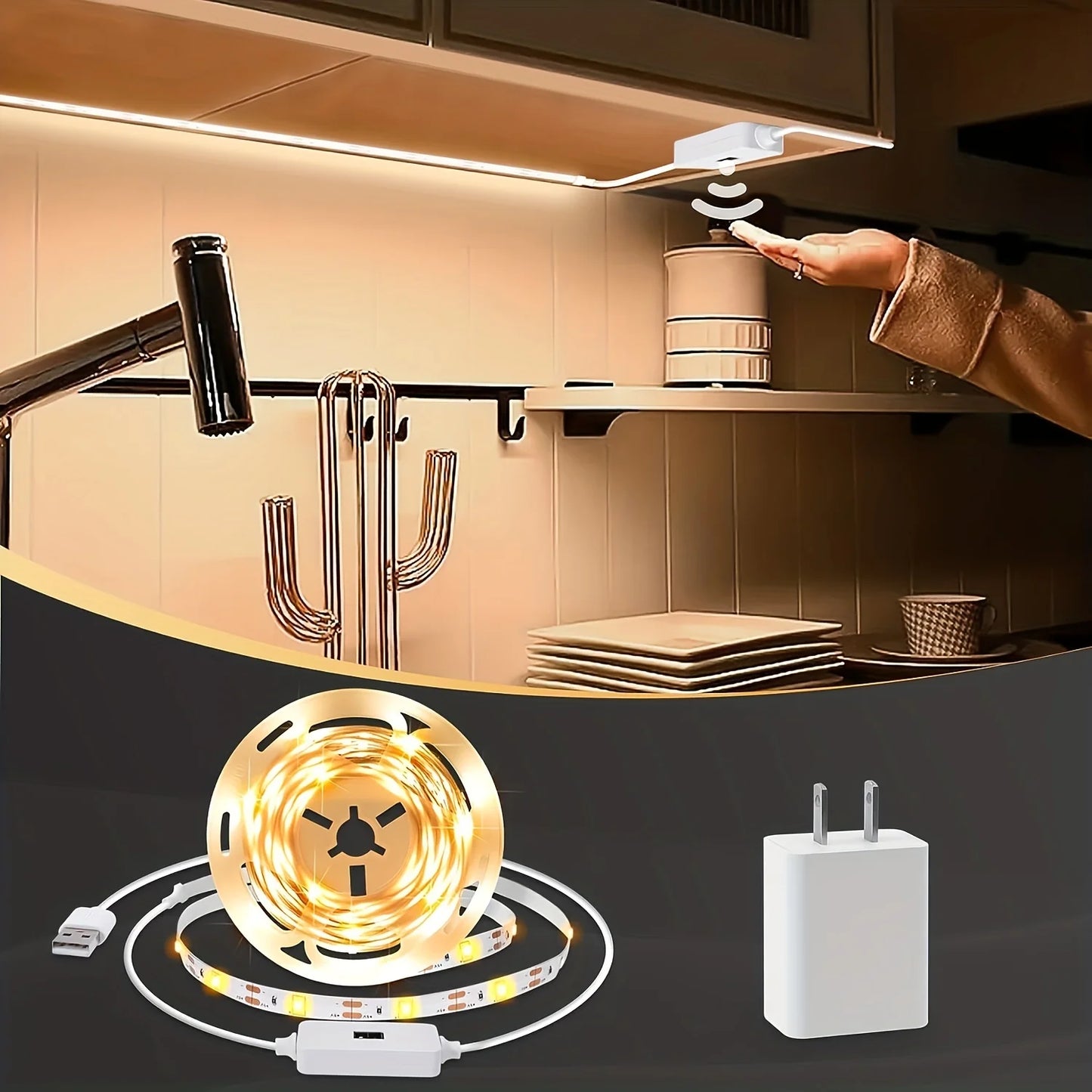 Hand Sweep LED Strip Lights 1M 2M 3M 5M LED Strip with Hand Sweep Motion Sensor Switch for Kitchen Stairs Wardrobe